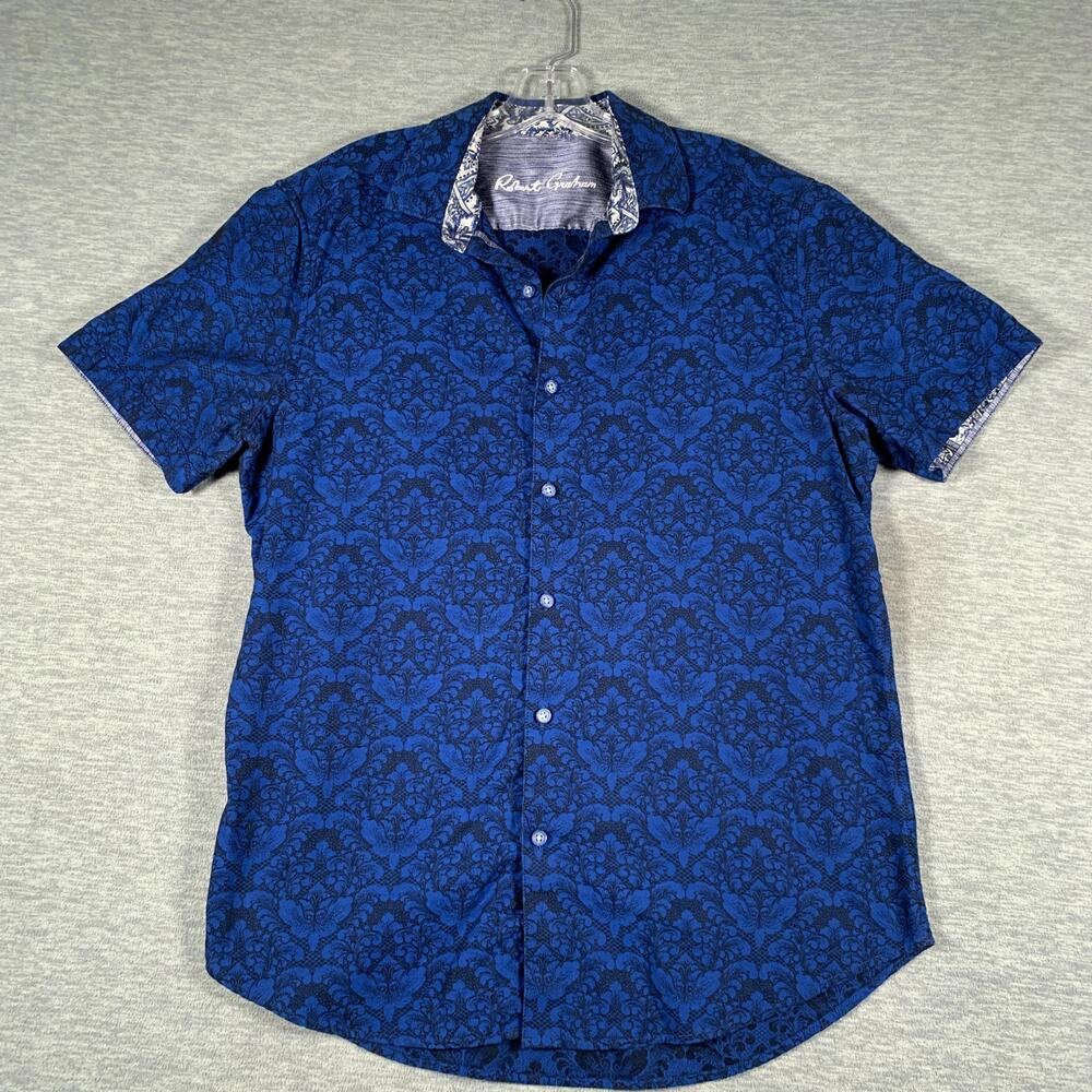 Robert Graham Shirt Mens Medium Blue Floral Short Sleeve Button Front Casual